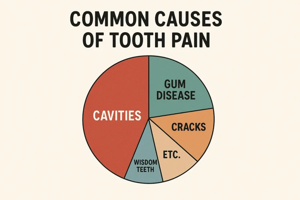 image of a pie chart showing common causes of tooth pain – cavities (largest slice), gum disease, cracks, wisdom teeth, etc.